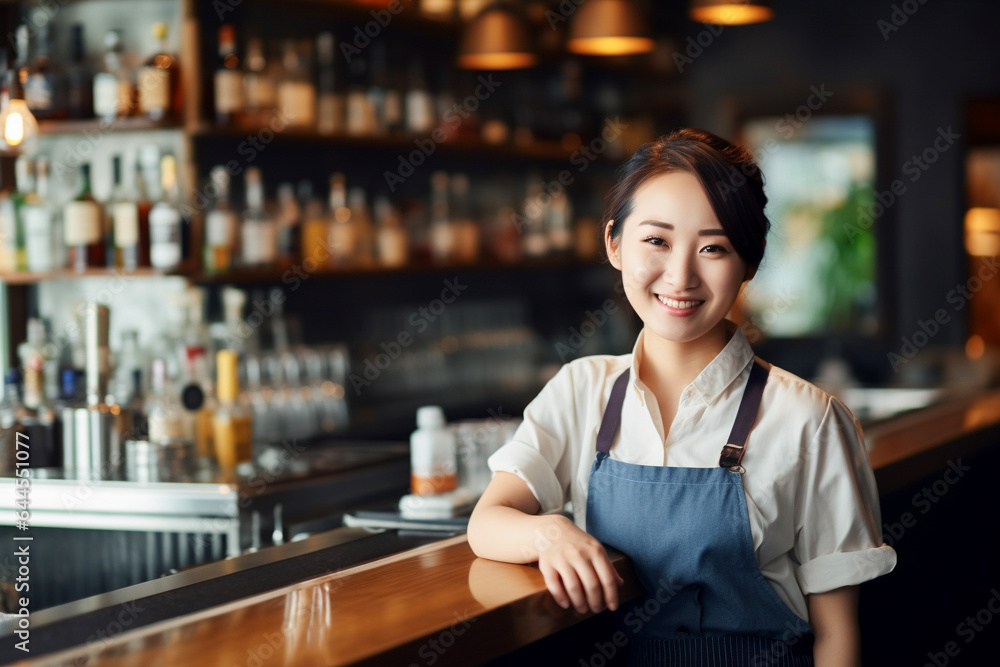 Portrait of happy young Asian woman who works as a bartender at bar. Beautiful waitress or small business owner barista bartender standing at the bar counter in restaurant. Portrait of happy young Asian woman who works as a bartender at bar. Beautiful waitress or small business owner barista bartender standing at the bar counter in restaurant.