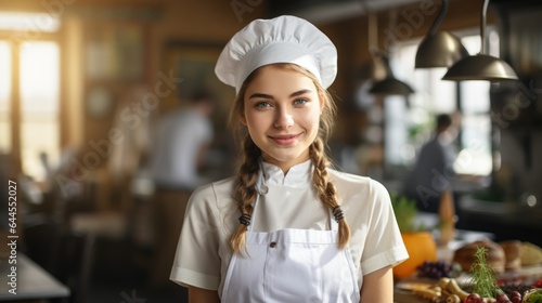 Fototapeta Naklejka Na Ścianę i Meble -  Teenage girl in a chef's hat and apron.