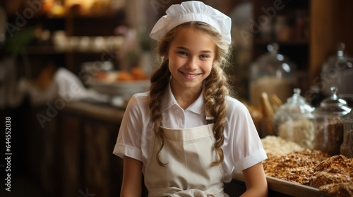 Teenage girl in a chef's hat and apron.
