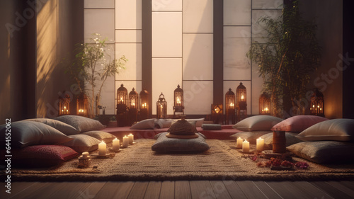 AI Generated 8K Image of A Serene Setting with Cushions and Incense, Illustrating the Practice of Meditation