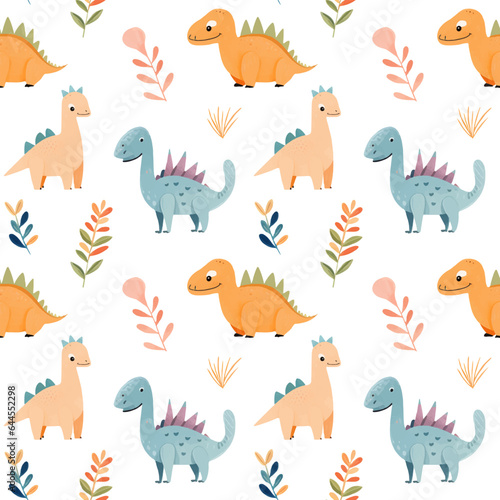 Seamless pattern of cute colorful dinosaurs with floral elements. Сhildren's print © Hanna ArtLab