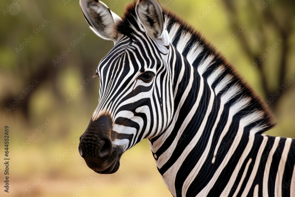 Naklejka premium Portrait of a young zebra standing against a green bush