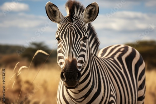 Portrait of a young zebra standing against a green bush