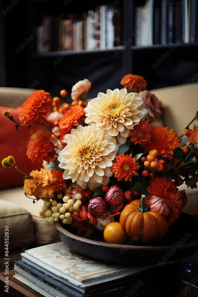 Dahlia flowers with pumpkins on the table
