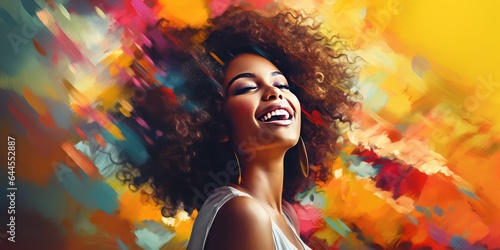 Photo with autumn mood. Happy laughing African American young woman on a yellow autumn background.