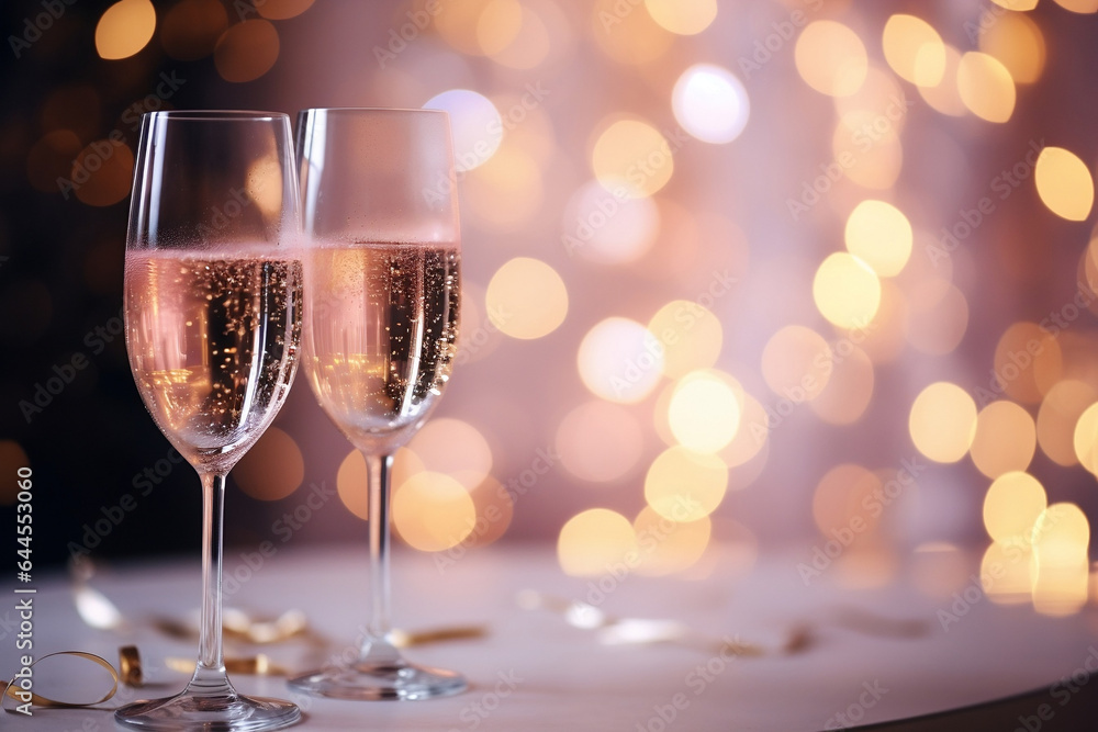 Romantic Toast with Pink Champagne Glasses in Bokeh Sparkle Romantic Toast with Pink Champagne Glasses in Bokeh Sparkle
