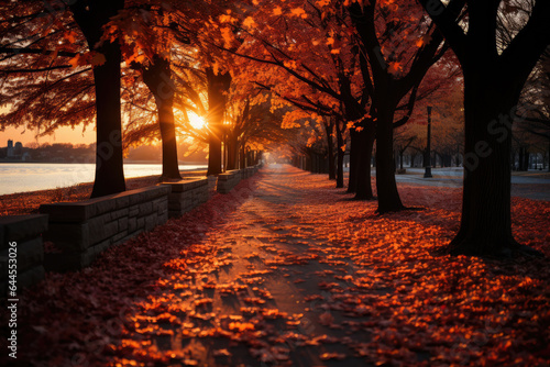 Sunny red maple alley. Autumn landscape 