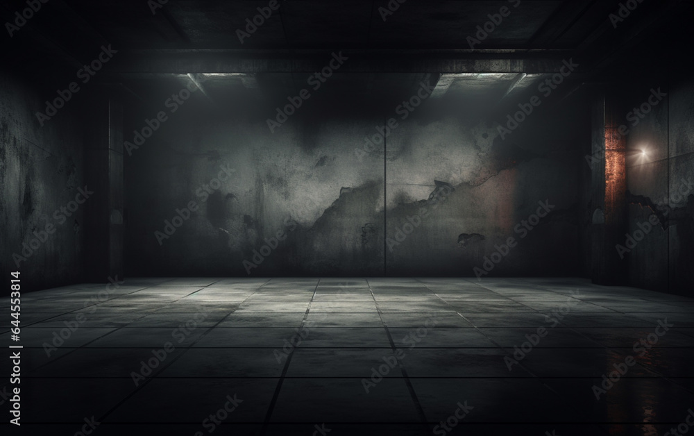 Dark and dark room wall with cement reflective floor, smoke and dim light Dark and dark room wall with cement reflective floor, smoke and dim light