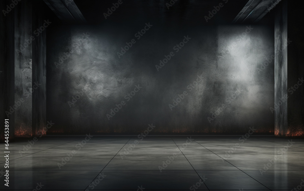 Dark and dark room wall with cement reflective floor, smoke and dim light Dark and dark room wall with cement reflective floor, smoke and dim light