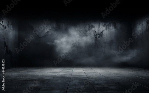 Dark and dark room wall with cement reflective floor, smoke and dim light