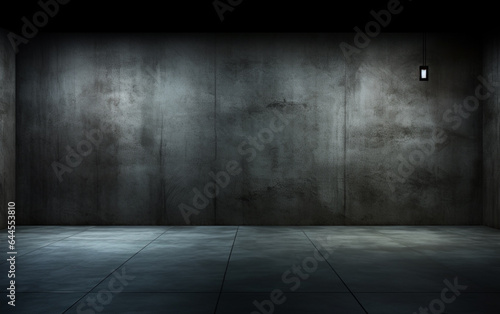 Dark and dark room wall with cement reflective floor, smoke and dim light