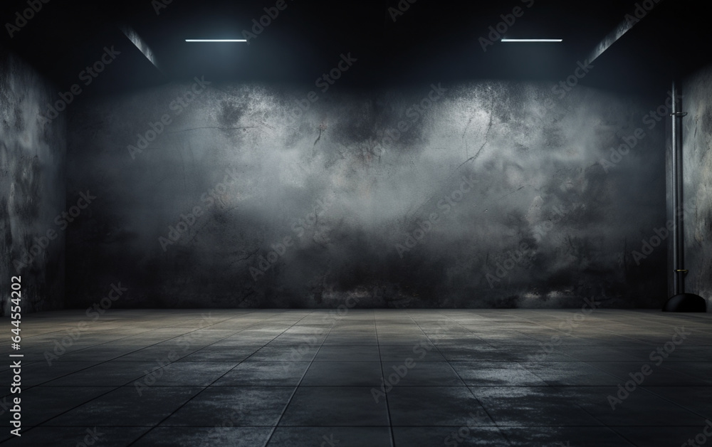 Dark and dark room wall with cement reflective floor, smoke and dim light Dark and dark room wall with cement reflective floor, smoke and dim light