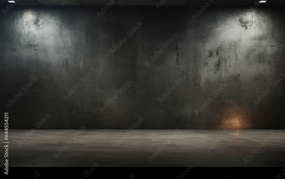 Dark and dark room wall with cement reflective floor, smoke and dim light Dark and dark room wall with cement reflective floor, smoke and dim light