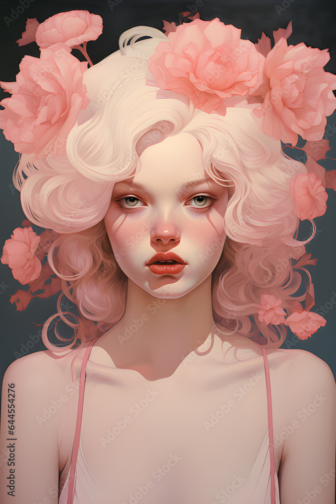 Garoto com pele clara e rosada com cabelos brancos fartos com flores