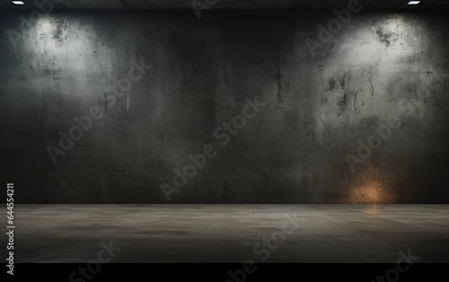 Dark and dark room wall with cement reflective floor, smoke and dim light