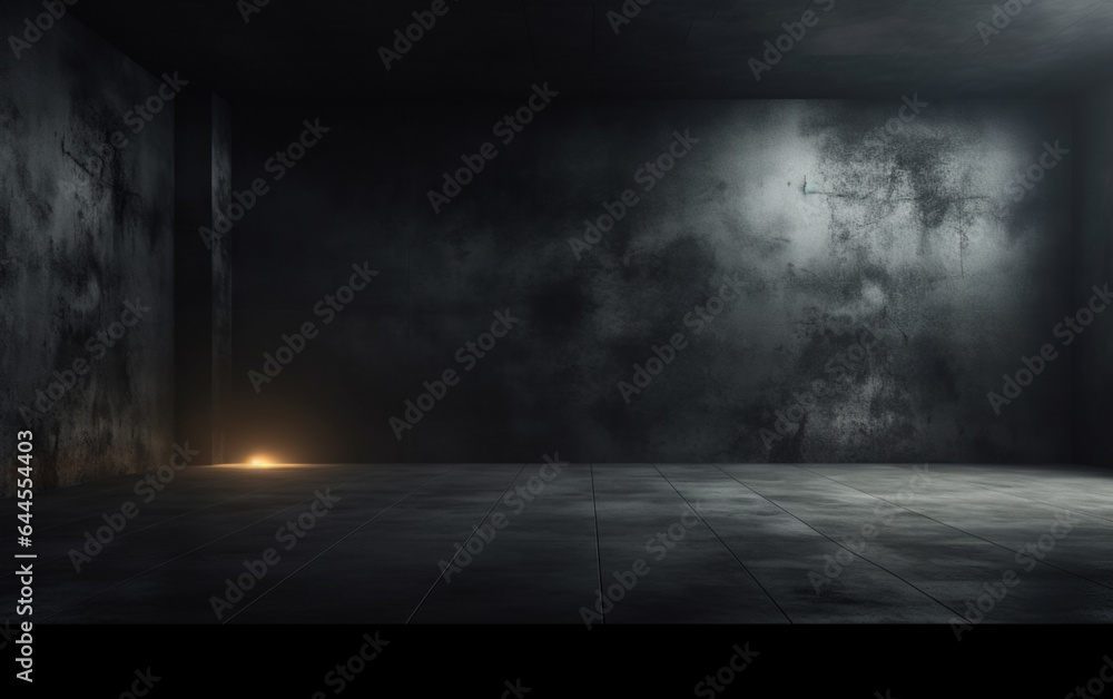 Dark and dark room wall with cement reflective floor, smoke and dim light Dark and dark room wall with cement reflective floor, smoke and dim light