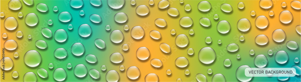 Abstract Vector Background with Transparent Water Drops on Bright Colorful Green Yellow Blue Gradient.
