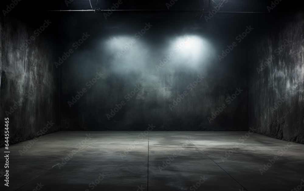 Dark and dark room wall with cement reflective floor, smoke and dim light Dark and dark room wall with cement reflective floor, smoke and dim light