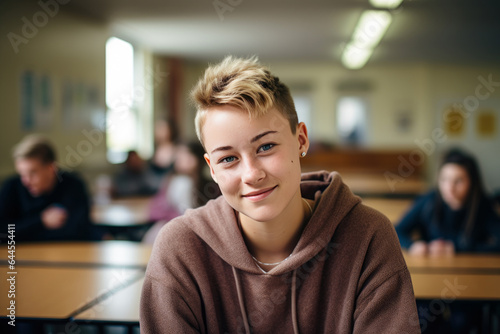 Student girl dressed in sweatshirt in high school classroom