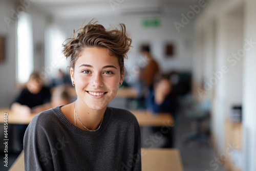 Smiling beautiful caucasian female college student in classroom photo