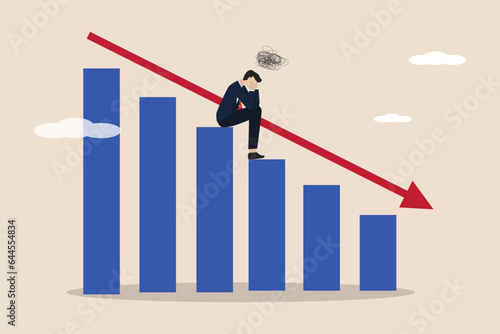Business failure, work mistake, shame, bankruptcy or failed businessman concept, depressed businessman sitting alone on a descending graph. Successful businessman illustration.