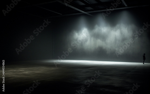 Dark and dark room wall with cement reflective floor, smoke and dim light