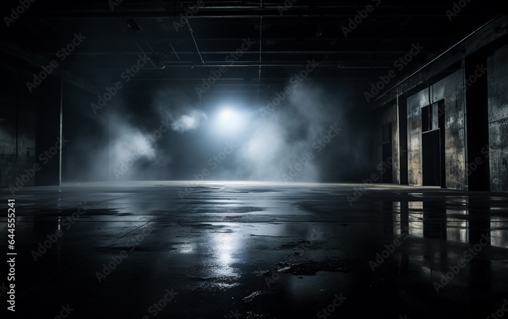 Dark and dark room wall with cement reflective floor, smoke and dim light