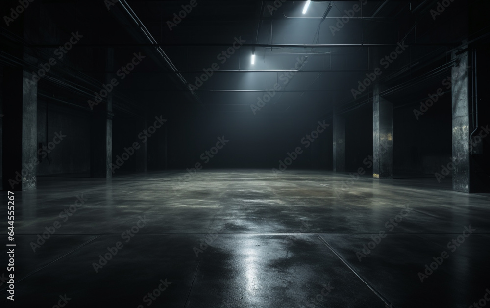 Dark and dark room wall with cement reflective floor, smoke and dim light Dark and dark room wall with cement reflective floor, smoke and dim light