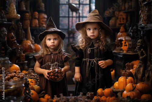 Five little kids in costume celebrating halloween together