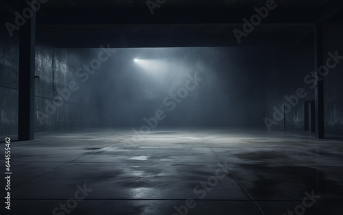 Dark and dark room wall with cement reflective floor, smoke and dim light