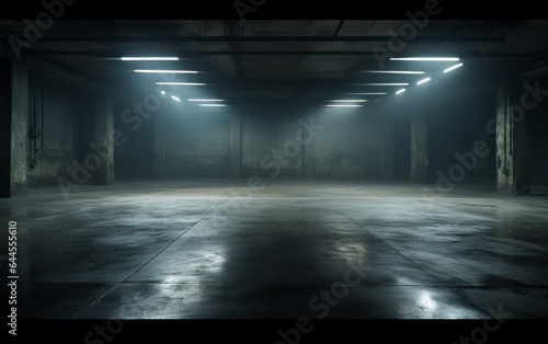 Dark and dark room wall with cement reflective floor, smoke and dim light