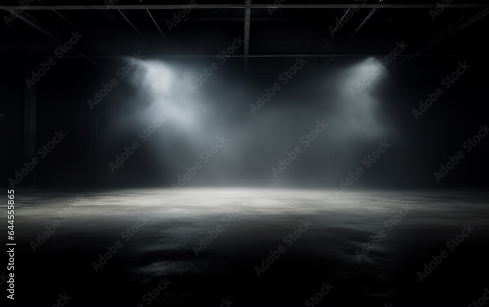 Dark and dark room wall with cement reflective floor, smoke and dim light Dark and dark room wall with cement reflective floor, smoke and dim light