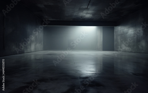 Dark and dark room wall with cement reflective floor, smoke and dim light