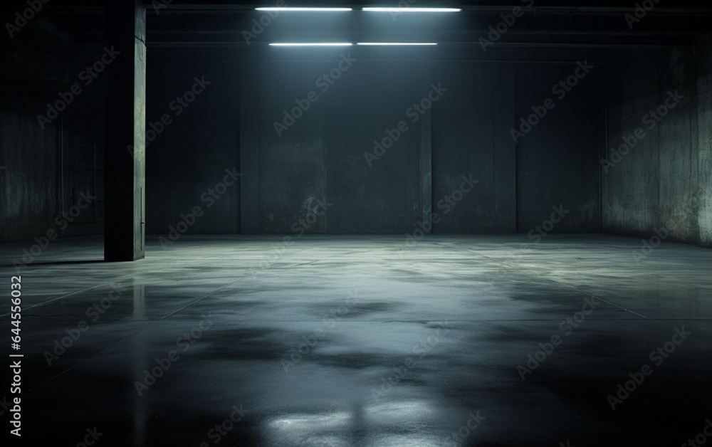 Dark and dark room wall with cement reflective floor, smoke and dim light Dark and dark room wall with cement reflective floor, smoke and dim light