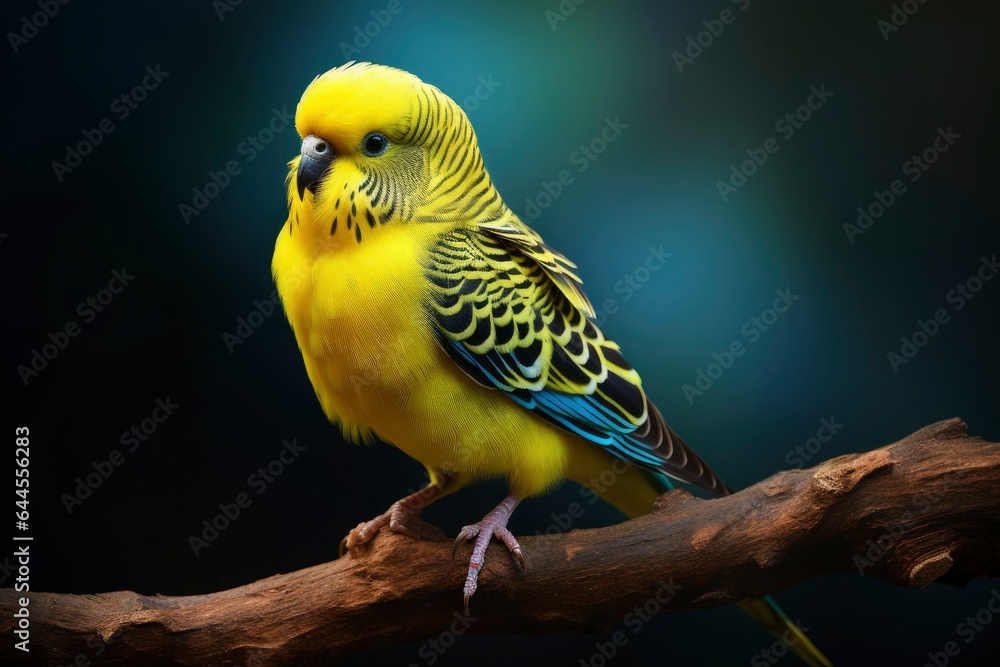 one yellow budgerigar on a branch on white background