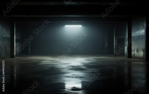 Dark and dark room wall with cement reflective floor, smoke and dim light