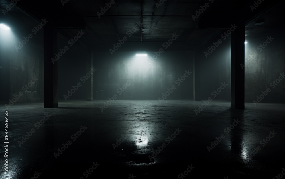 Dark and dark room wall with cement reflective floor, smoke and dim light Dark and dark room wall with cement reflective floor, smoke and dim light