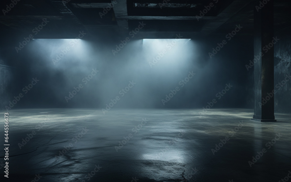 Dark and dark room wall with cement reflective floor, smoke and dim light Dark and dark room wall with cement reflective floor, smoke and dim light
