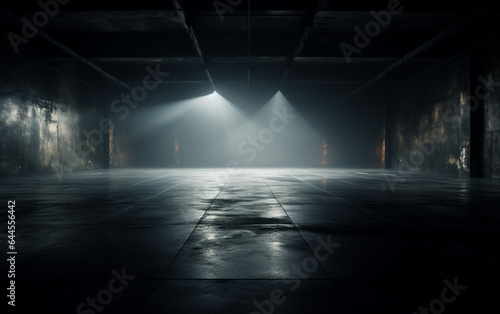 Dark and dark room wall with cement reflective floor, smoke and dim light