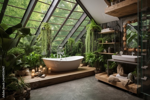 cozy modern luxurious interior of a bathroom in the attic floor with forest view: white bathtub, many candles and green plants decorations