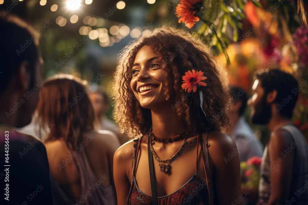 Locals enjoying an outdoor dance party with live music and vibrant decorations. Generative Ai.