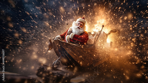 Santa Claus flying in a sleigh in a splash of snow in the glow of lights