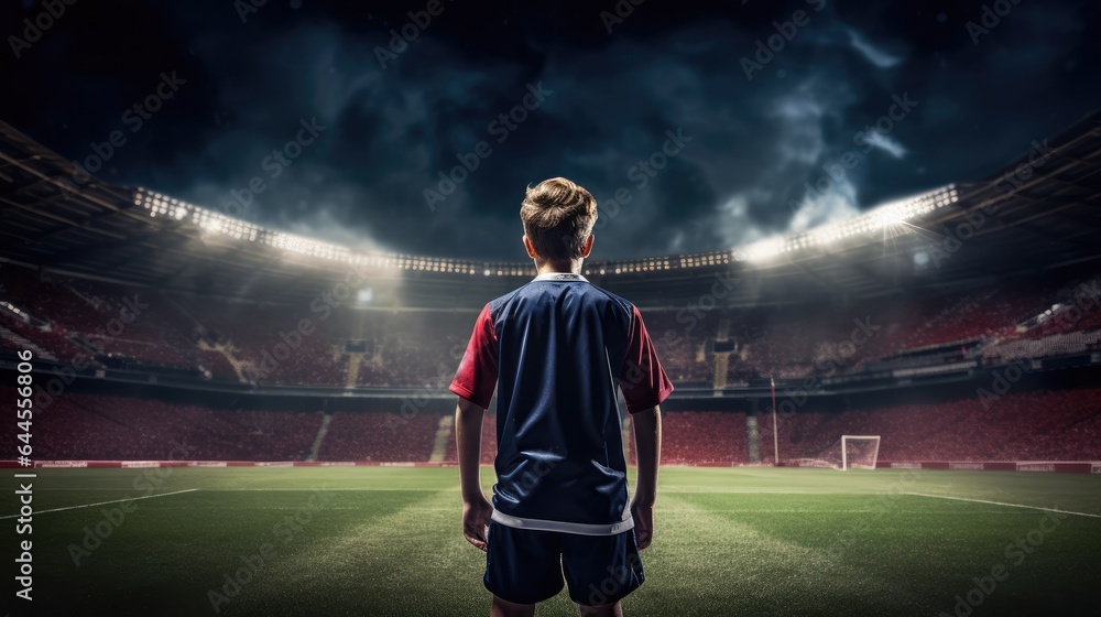 Stadium with a young soccer player ready to play