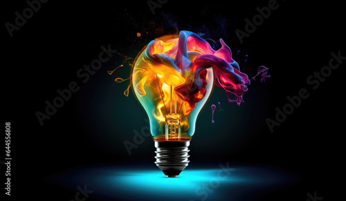 Light bulb explodes with colorful paint on a dark background