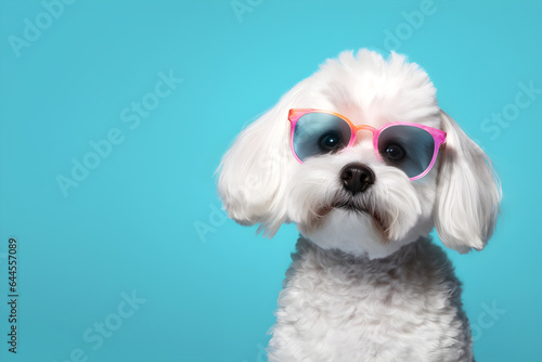 Creative animal concept. Maltipoo dog puppy in sunglass shade glasses isolated on solid pastel background, commercial, editorial advertisement, surreal surrealism © Sandra Chia