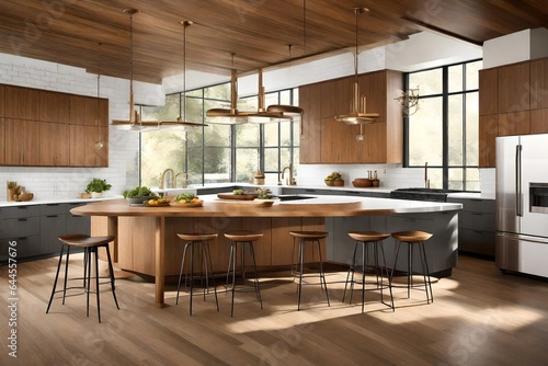 Design a sleek mid-century modern kitchen with clean lines and vintage-inspired fixtures. 