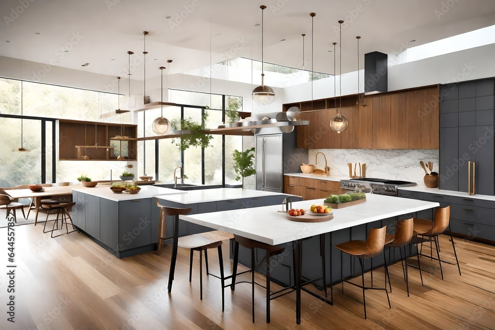 Design a sleek mid-century modern kitchen with clean lines and vintage-inspired fixtures. 