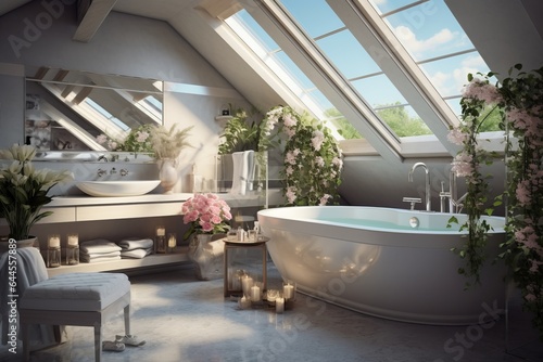 cozy modern luxurious interior of a bathroom in the attic floor: white bathtub, many candles and flower decorations