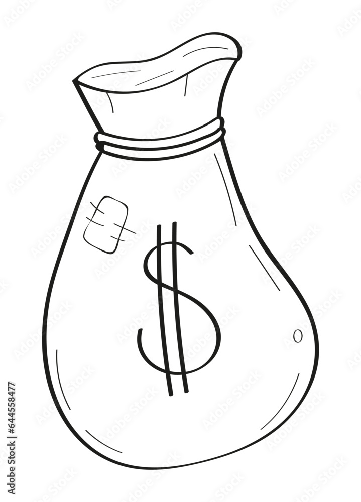 Bag with money in doodle style. Office doodles hand drawn icons. Financial crisis icon in line style. Wallet without money. Broken wallet icon for logo, web, app, UI. Bag with money in doodle style. Office doodles hand drawn icons. Financial crisis icon in line style. Wallet without money. Broken wallet icon for logo, web, app, UI.