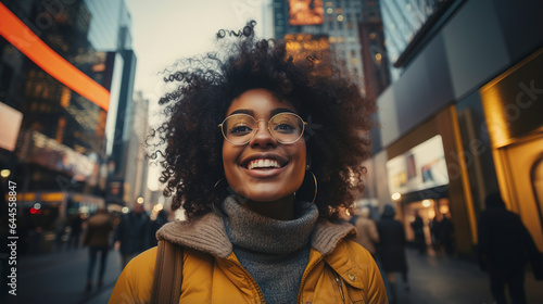 Young afro american woman tourist taking selfie photo. Portrait of american young woman with curly hair in New york. Happy young woman walking in New York city.